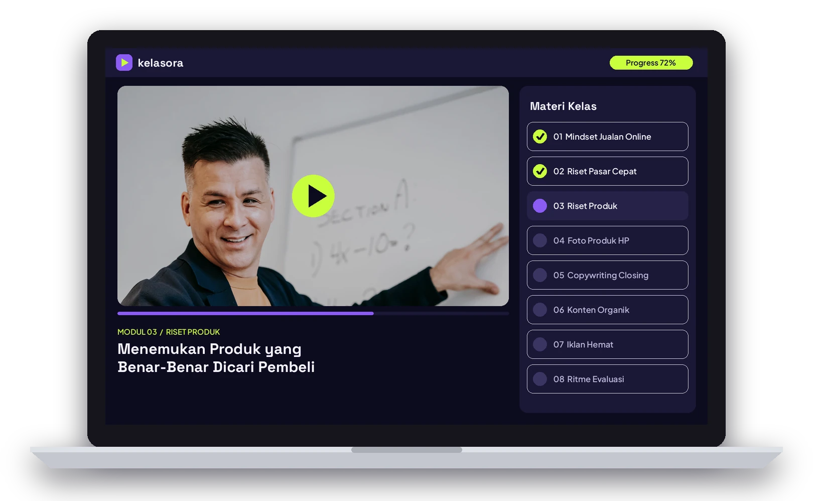 Mockup laptop berisi pemutar video kelas Kelasora