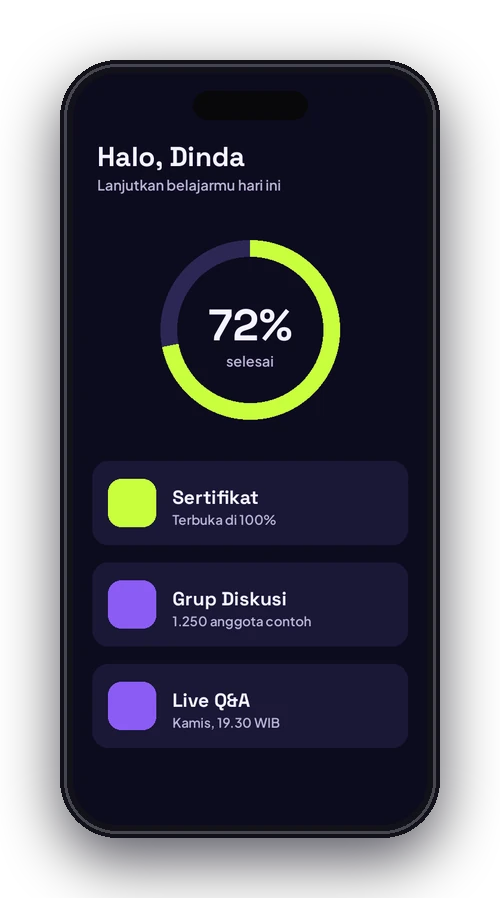 Mockup aplikasi kelas di ponsel dengan progres 72%